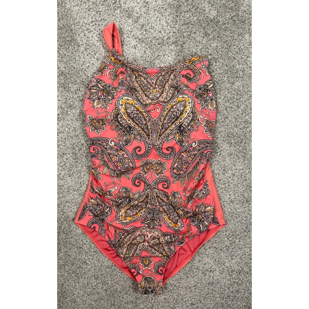 Elemar Swimsuit Coral One Piece Paisley 14 Ruched Padded Boho NWOT
